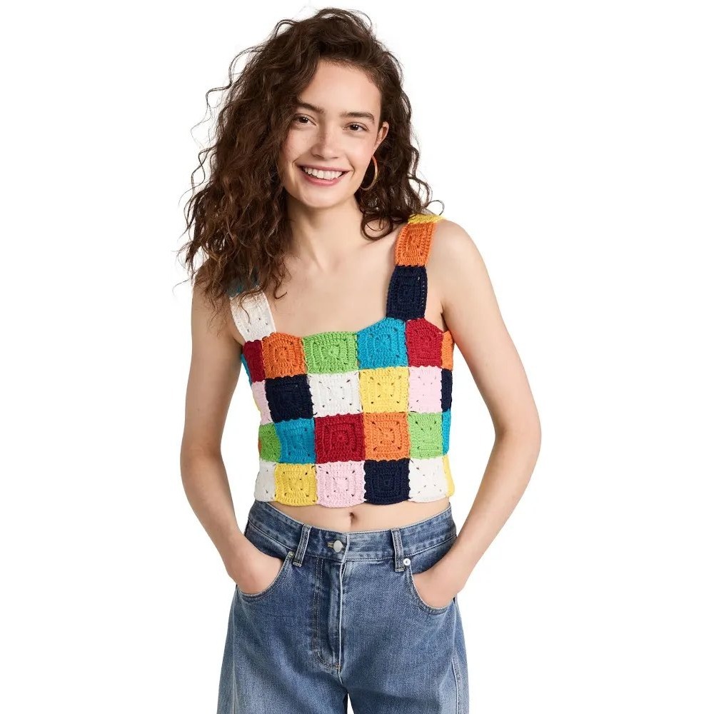 English Factory Womens Crochet Patchwork Granny Square Crop Top Multi Color Sz S